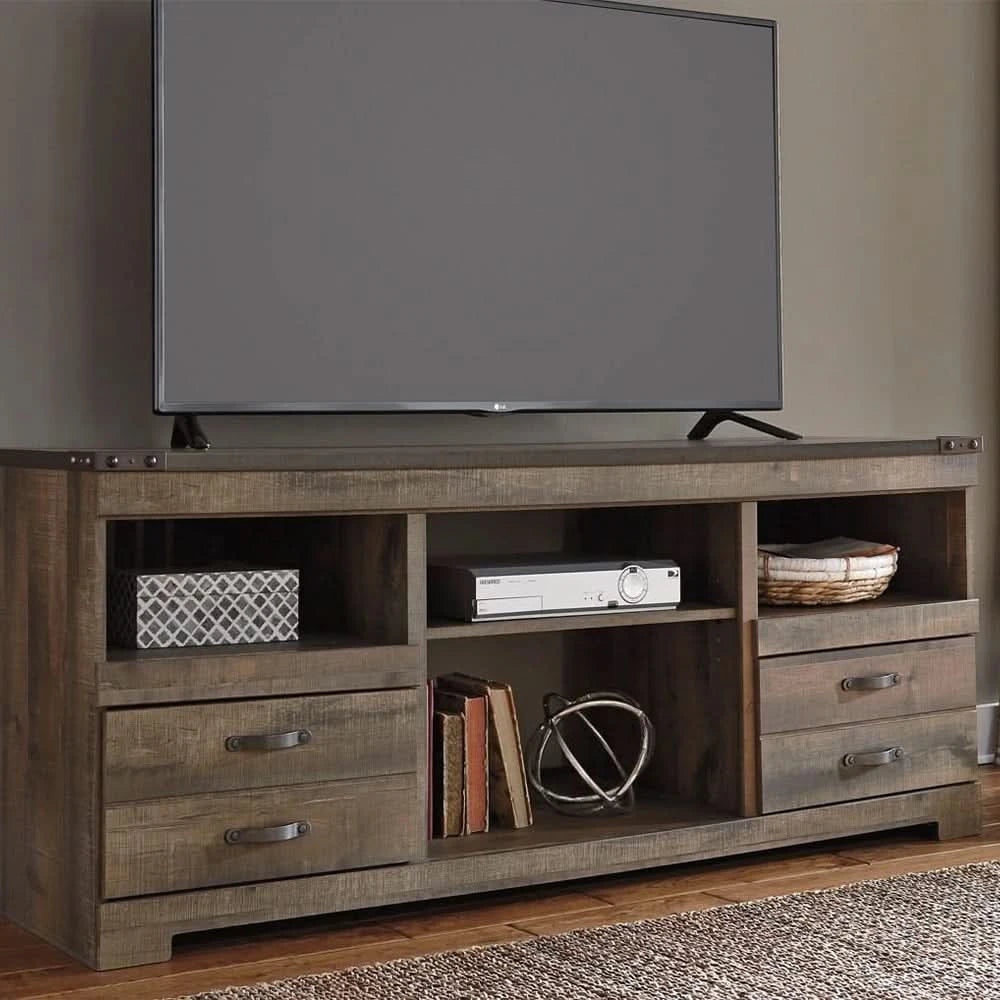 Trinell Dark Brown Rustic 63" TV Stand with Optional Electric Fireplace