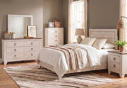 Urus White Rustic Farmhouse 5 PC Bedroom Set Includes Bed (Headboard, Footboard and Rails), Dresser and Mirror