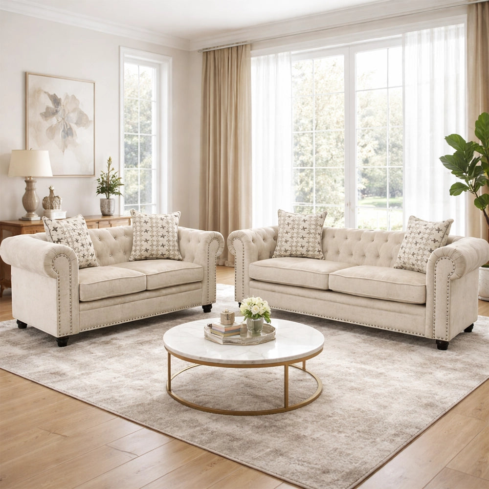 Westminister Cream Traditional Glam Living Room Set Includes Sofa and Loveseat with Accent Pillows