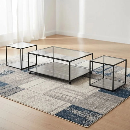 Yasmin Grey Contemporary 3PC Cocktail Table Set with Glass Top and Shelf