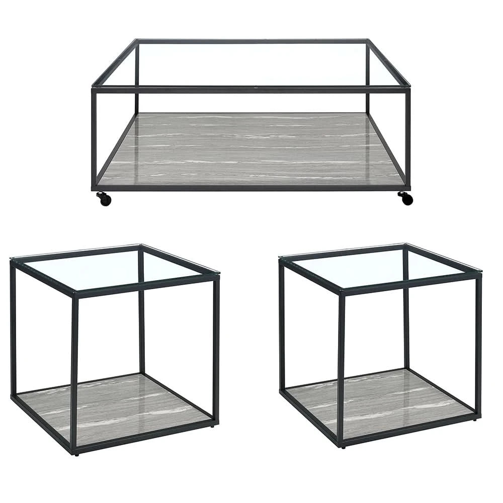 Yasmin Grey Contemporary 3PC Cocktail Table Set with Glass Top and Shelf