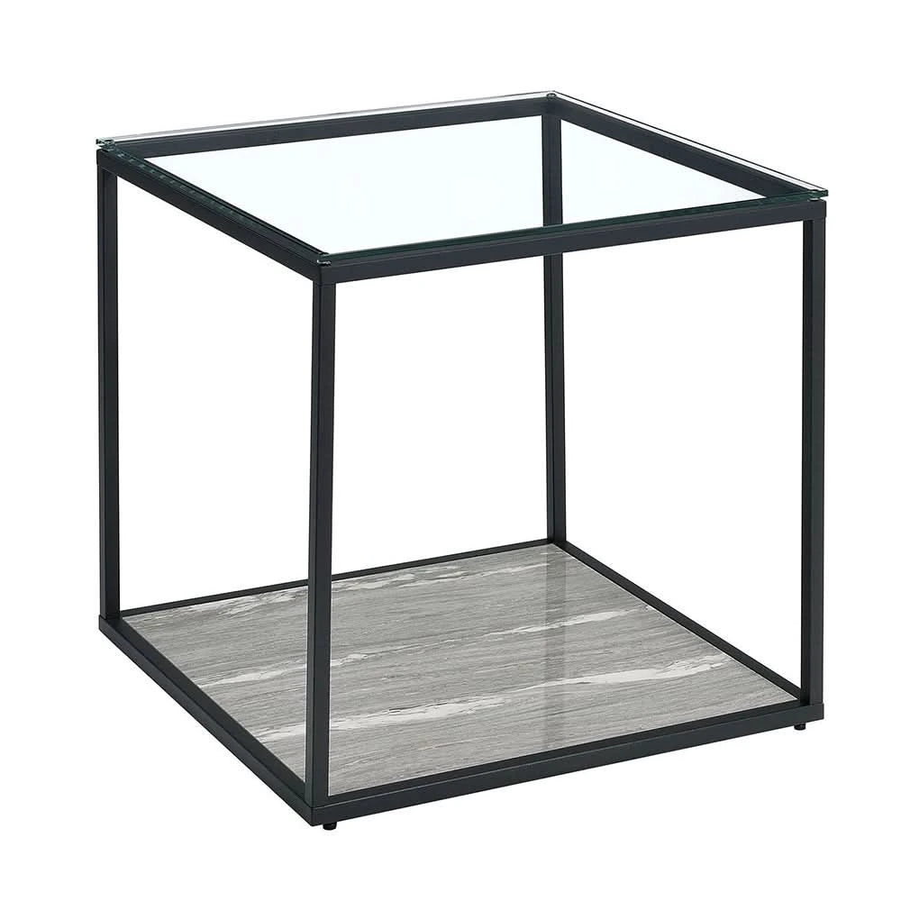 Yasmin Grey Contemporary End Table with Tempered Glass Top and Shelf