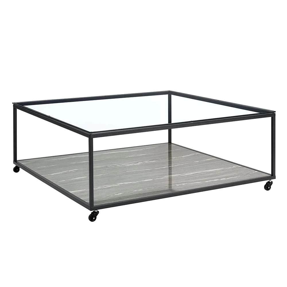 Yasmin Grey Contemporary Coffee Table with Tempered Glass Top and Shelf
