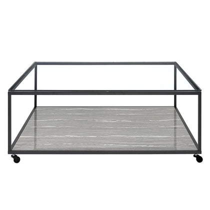 Yasmin Grey Contemporary Coffee Table with Tempered Glass Top and Shelf