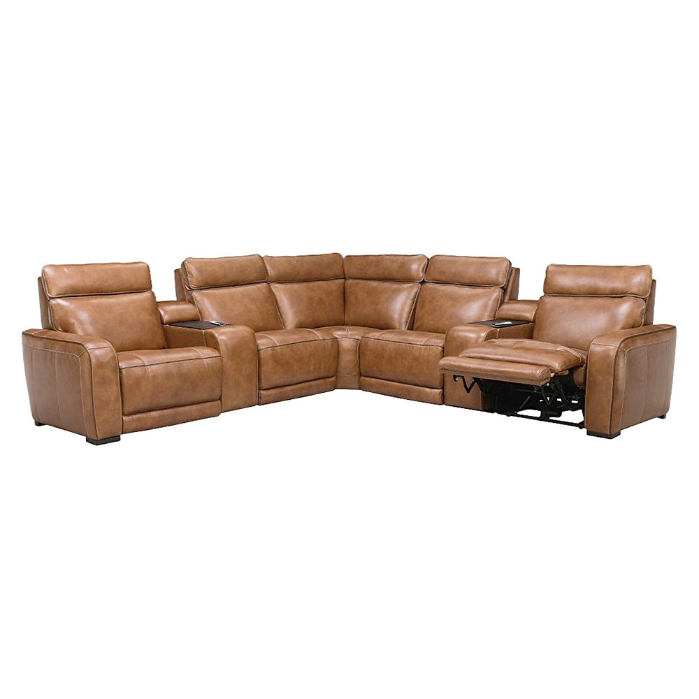 Moto Motion Zeppelin Honey Leather 7 Piece Power Reclining Sectional with Immersive Sound and Triple Power Motion