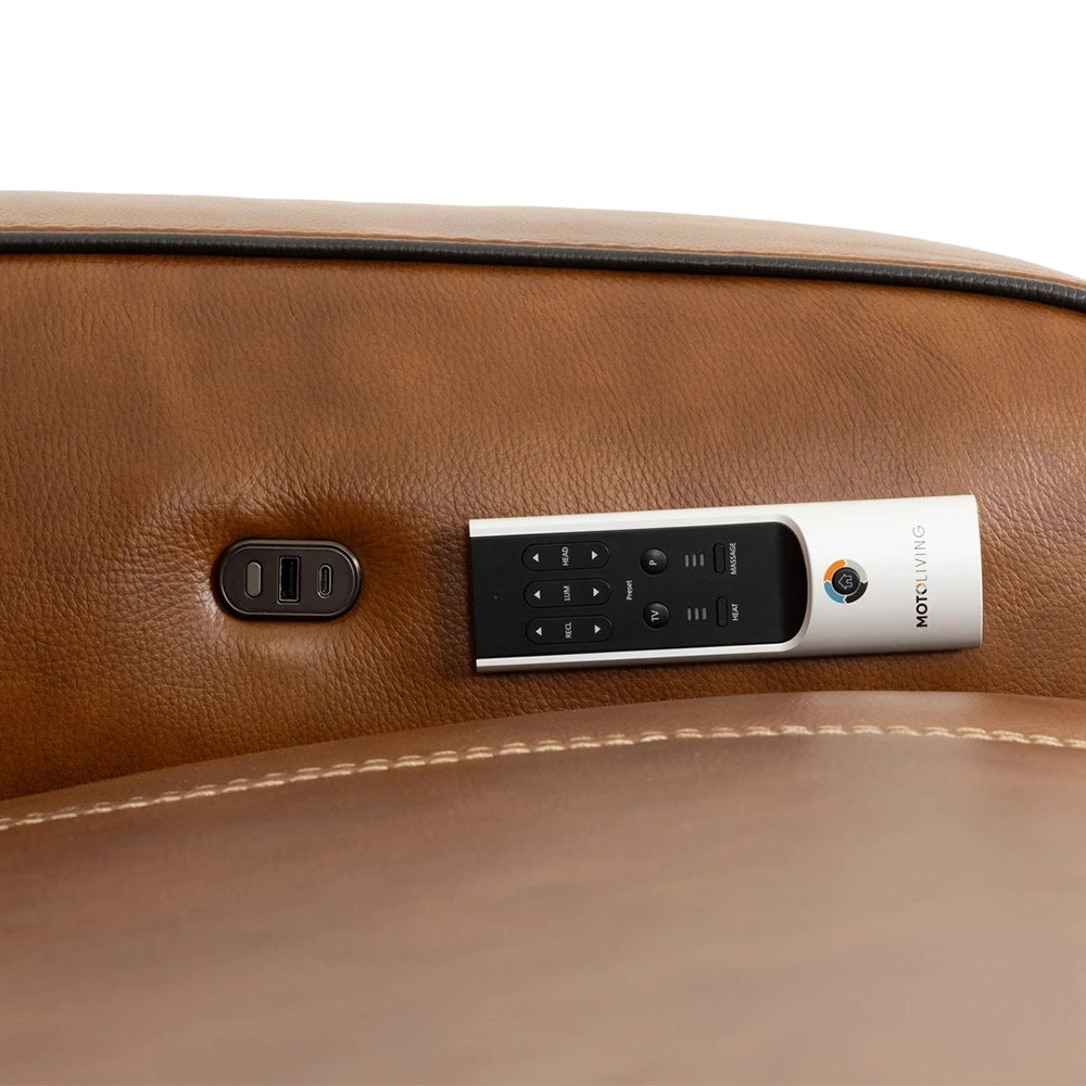 Moto Motion Zeppelin Honey Leather 7 Piece Power Reclining Sectional with Immersive Sound and Triple Power Motion