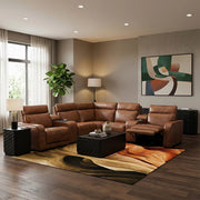 Moto Motion Zeppelin Honey Leather 7 Piece Power Reclining Sectional with Immersive Sound and Triple Power Motion