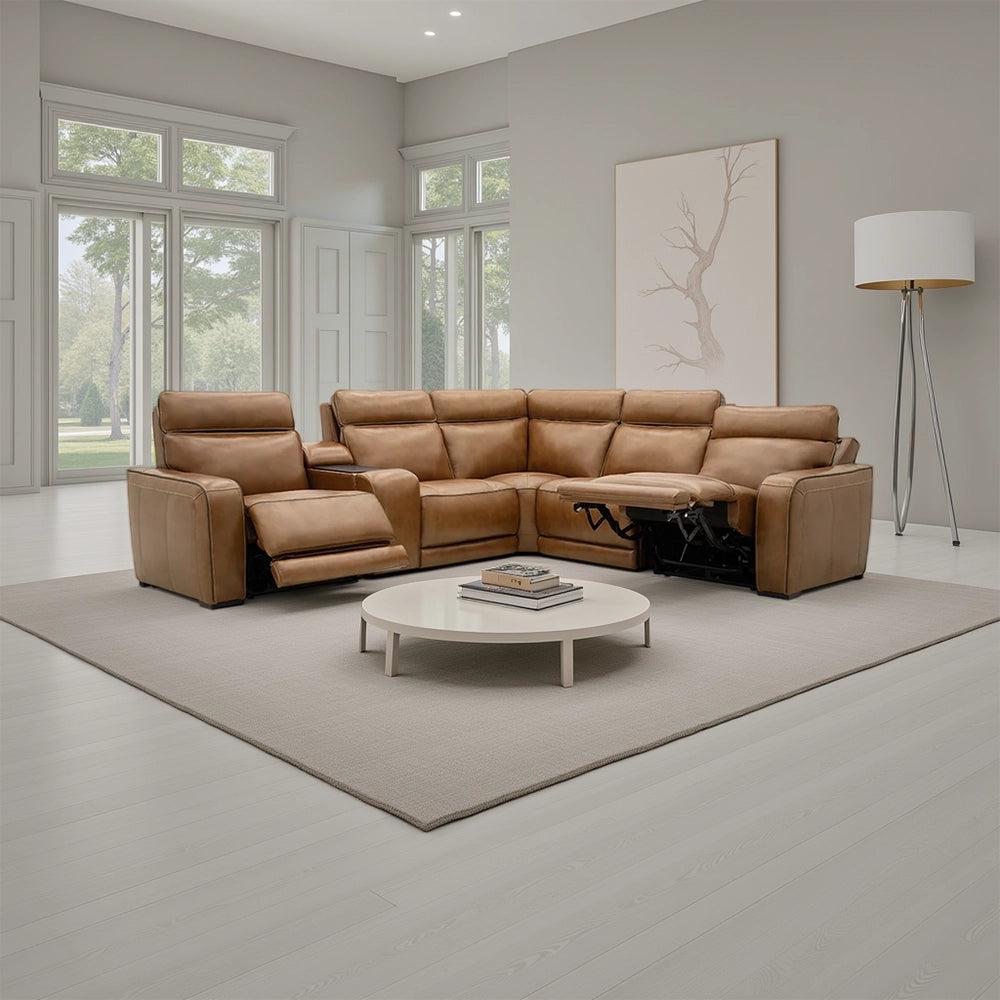 Moto Motion Zeppelin Honey Leather 6 Piece Power Reclining Sectional with Console Immersive Sound and Triple Power Motion