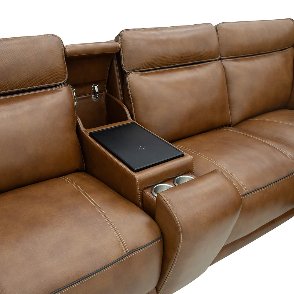 Moto Motion Zeppelin Honey Leather 7 Piece Power Reclining Sectional with Immersive Sound and Triple Power Motion