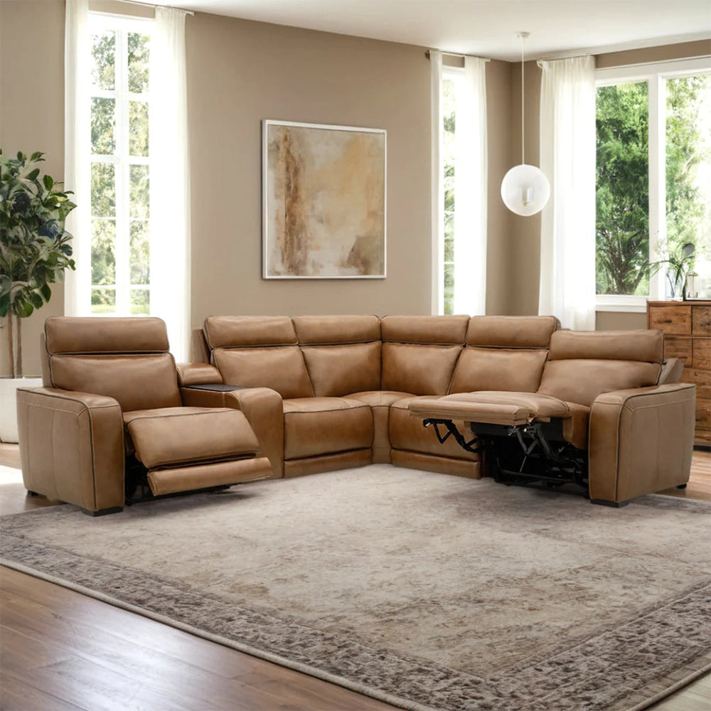 Moto Motion Zeppelin Honey Leather 6 Piece Power Reclining Sectional with Console Immersive Sound and Triple Power Motion