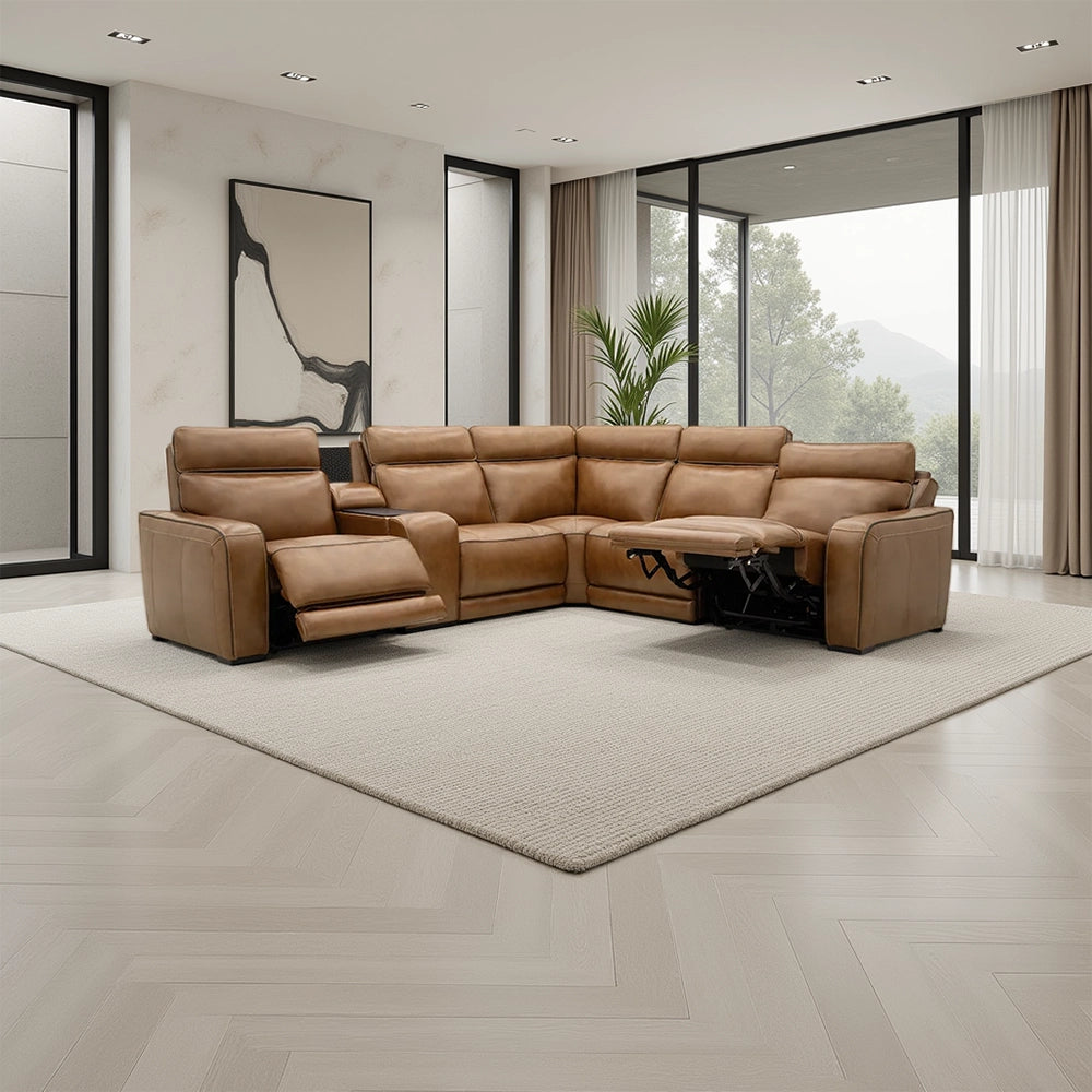 Moto Motion Zeppelin Honey Leather 7 Piece Power Reclining Sectional with Immersive Sound and Triple Power Motion